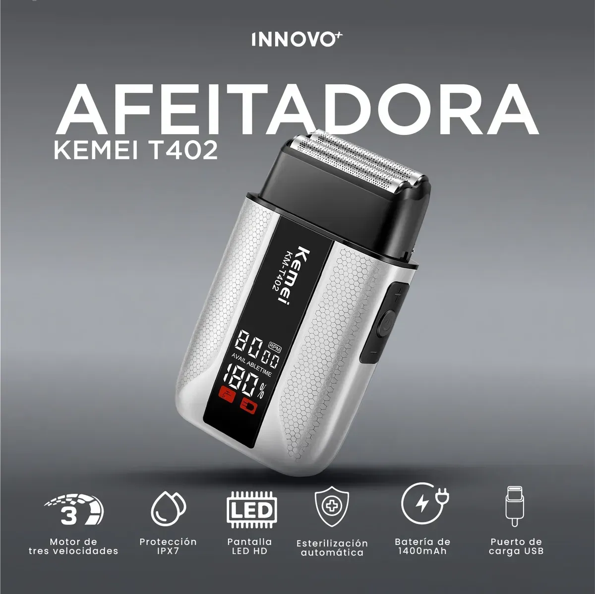 Afeitadora Eléctrica Kemei Km-t402 Profesional Ipx7 Carga Usb Gris 110v Gris 110v img #7