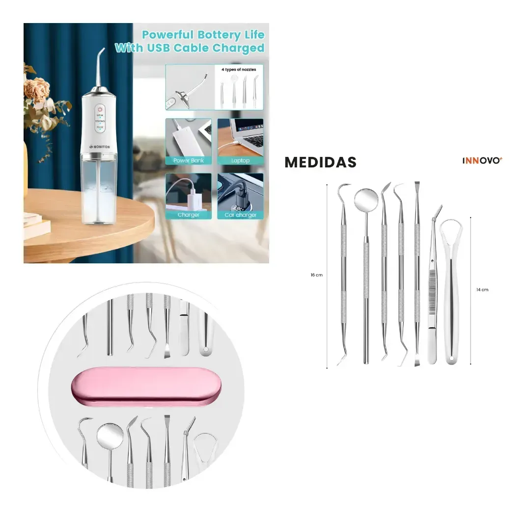 Irrigador Dental Portátil 220ml Con Limpieza Profunda 6 Piezas Acero Inox Blanco Blanco img #3