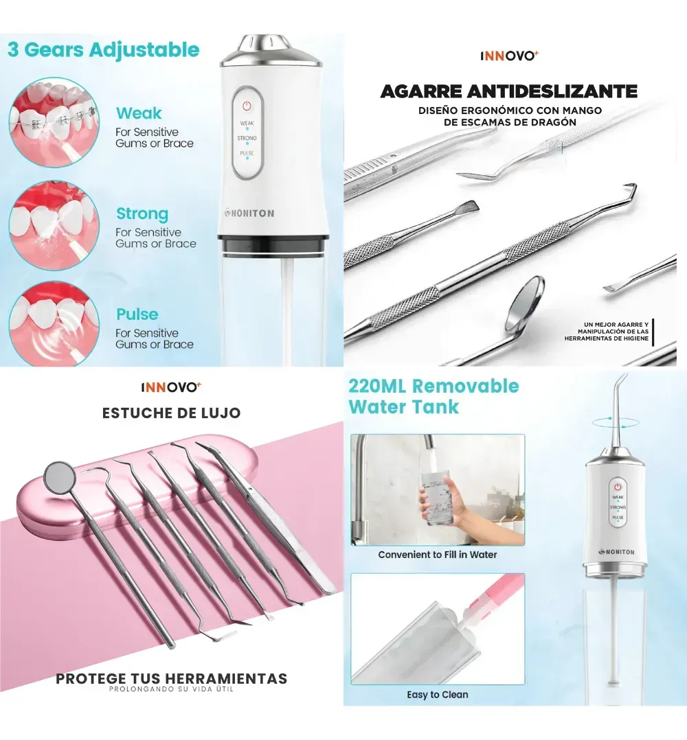 Irrigador Dental Portátil 220ml Con Limpieza Profunda 6 Piezas Acero Inox Blanco Blanco img #2