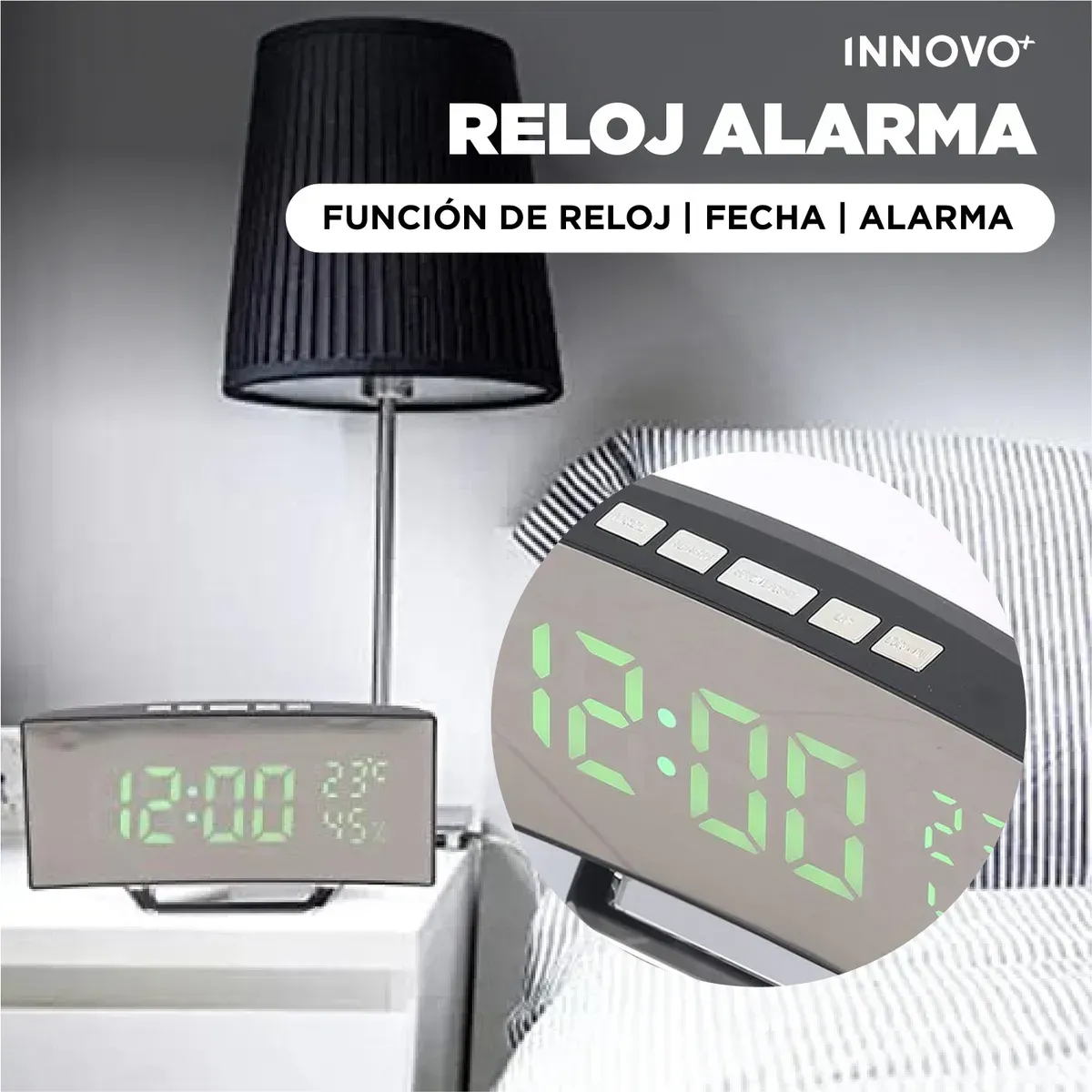 Reloj Alarma Digital Led Espejo Pantalla Curva Temperatura Humedad img #4