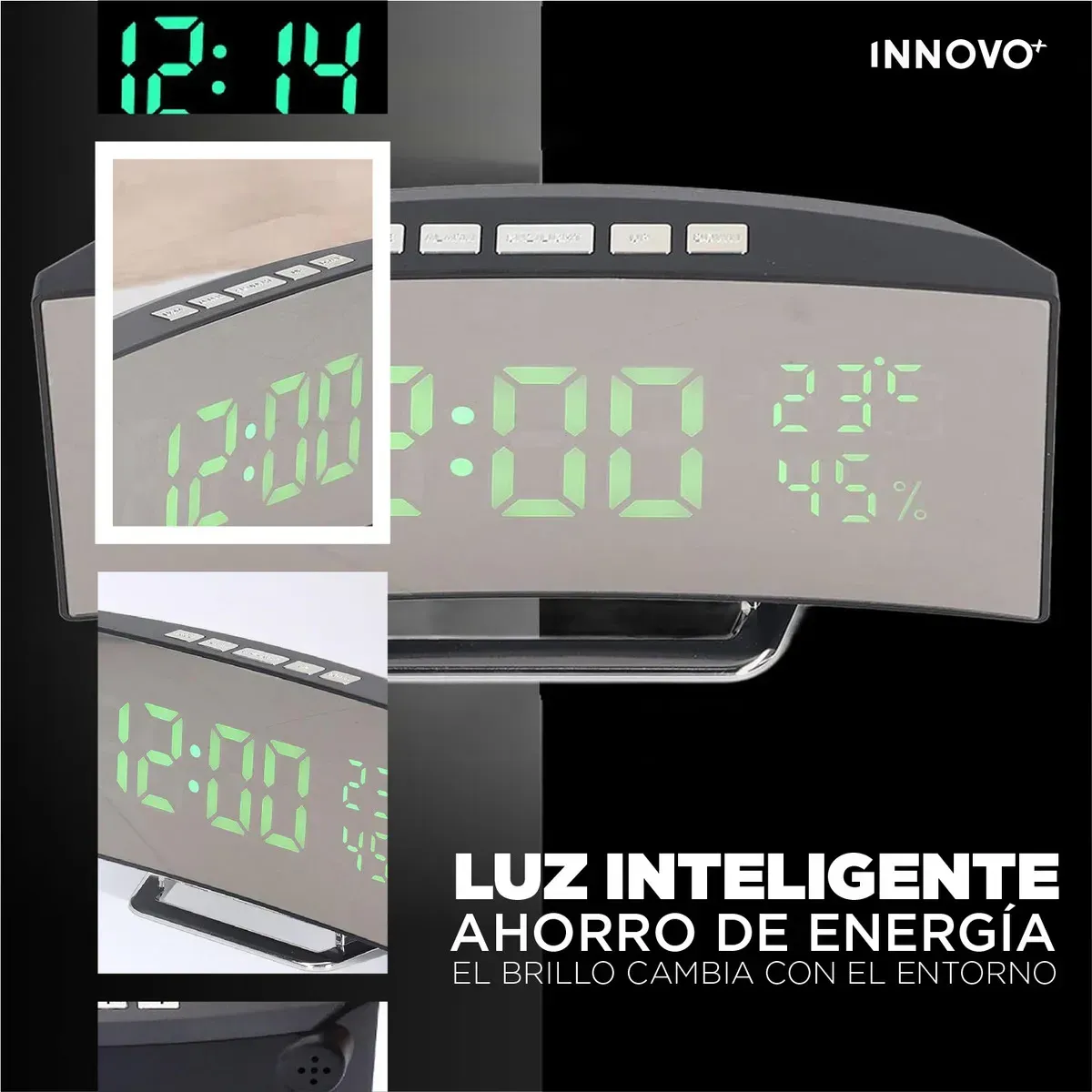 Reloj Alarma Digital Led Espejo Pantalla Curva Temperatura Humedad img #5