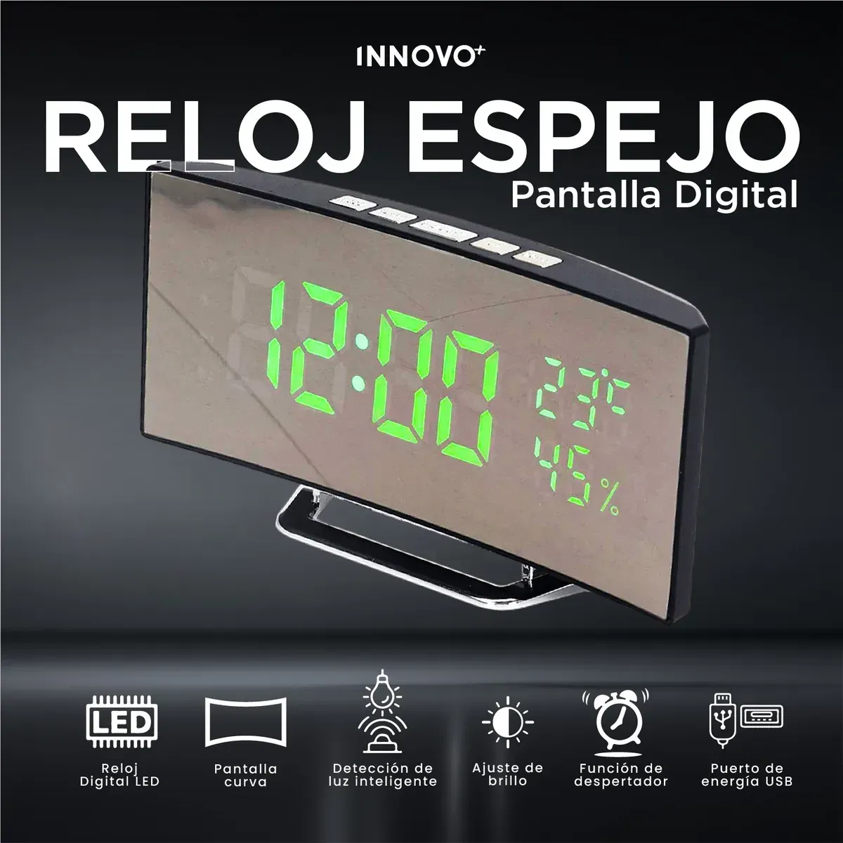 Reloj Alarma Digital Led Espejo Pantalla Curva Temperatura Humedad img #2