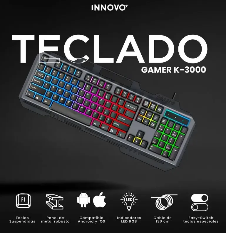Teclado Gamer K-3000 Rgb Panel Metálico Teclas Suspendidas Sensación Mecánica img #5