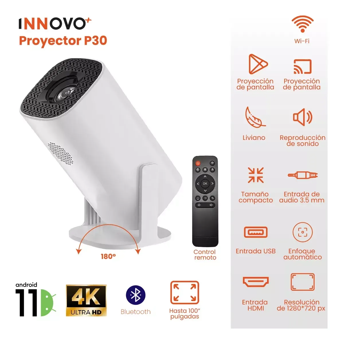 Proyector Android 11 P30 4k Apps Sonido Hasta 100 Pulgadas img #2