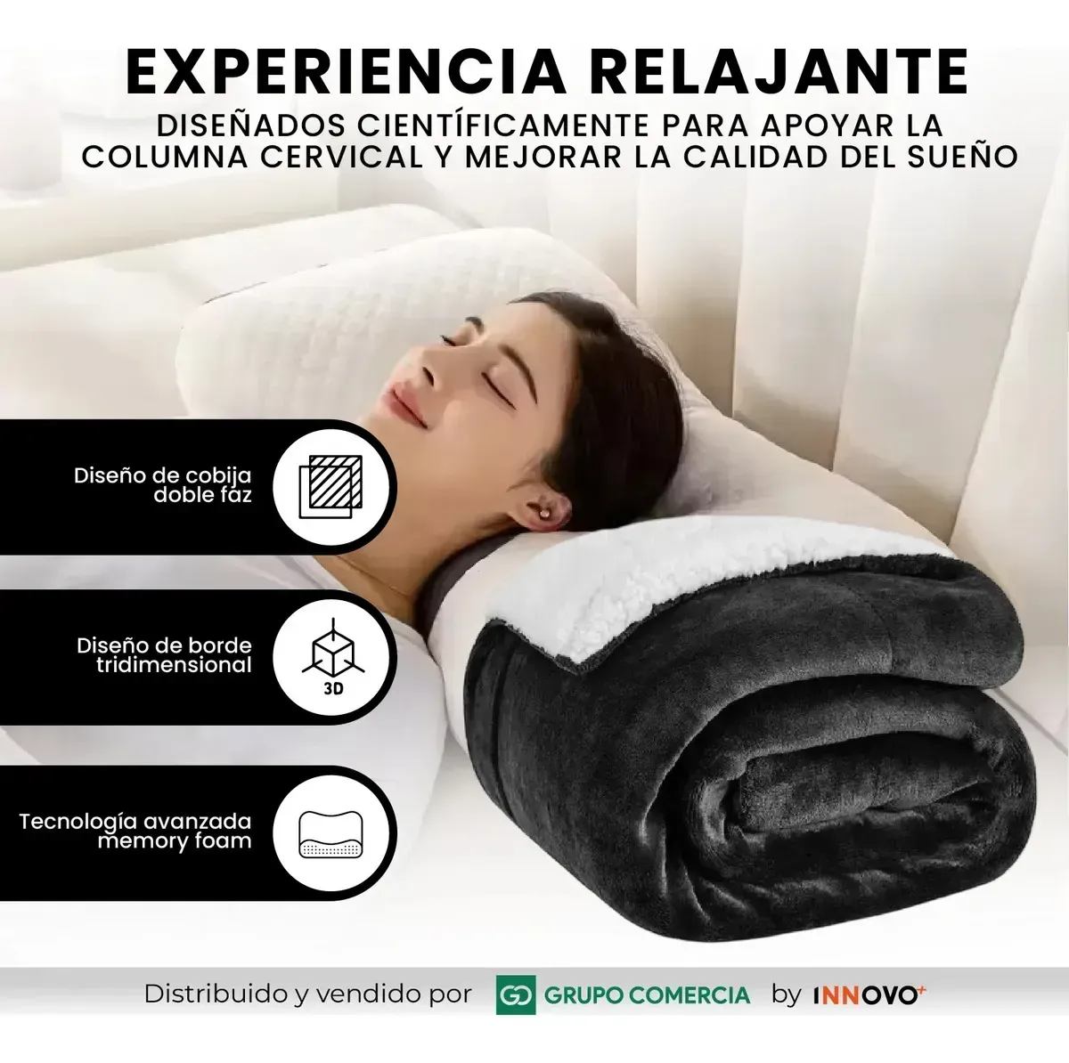 Cobija Térmica Doble Faz Extra Suave Con 2 Almohadas Ortopédicas Liso Negro img #3
