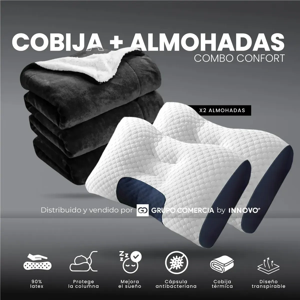 Cobija Térmica Doble Faz Extra Suave Con 2 Almohadas Ortopédicas Liso Negro img #2
