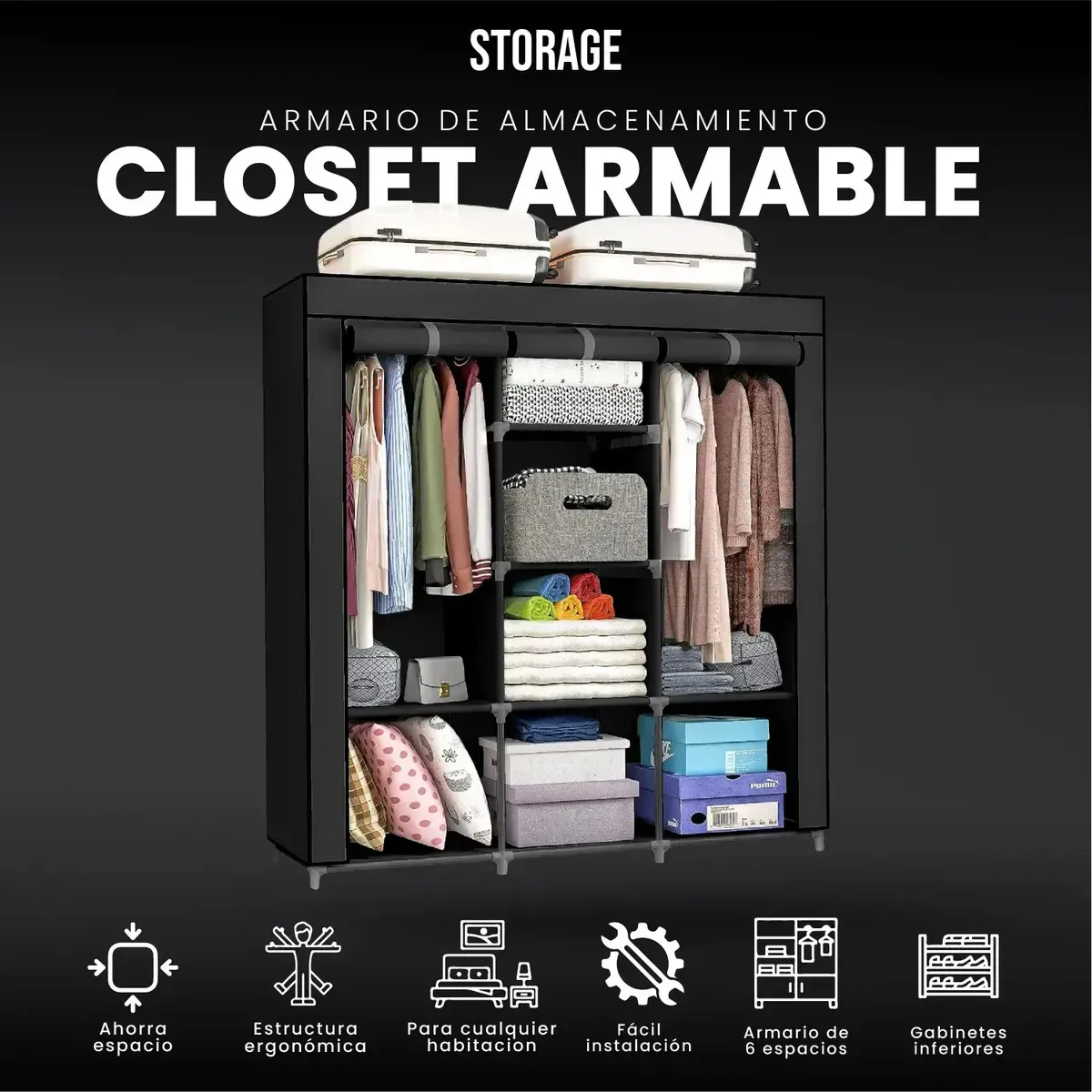 Closet Organizador Portátil Ropa 3 Cuerpos Armario Storage Gris Gris img #6