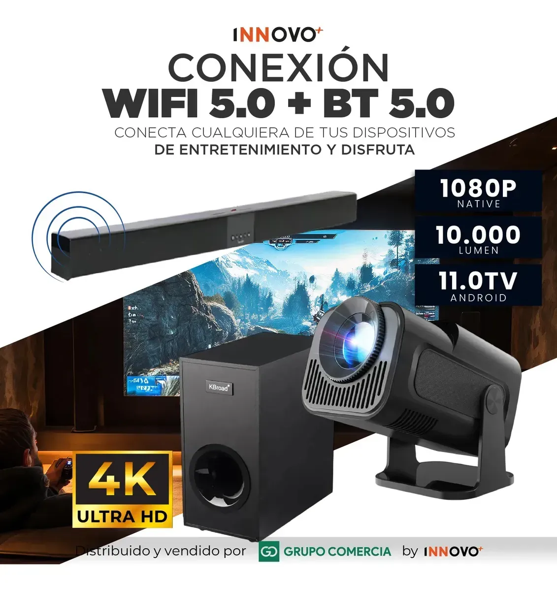 Proyector Android Con Apps 4k Con Sistema De Audio Kbroad Subwoofer Negro 110v img #5