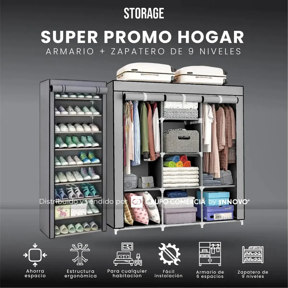 Organizador Storage Armario Portátil Zapatero 9 Niveles Gris Gris img #2