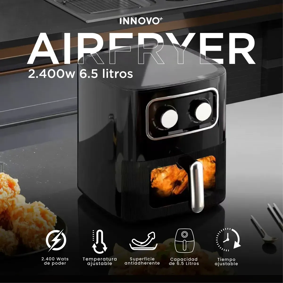 Freidora Air Fryer De Aire 6.5 Litros 2400w Ventana Visora Negro 110v Negro 110v img #2