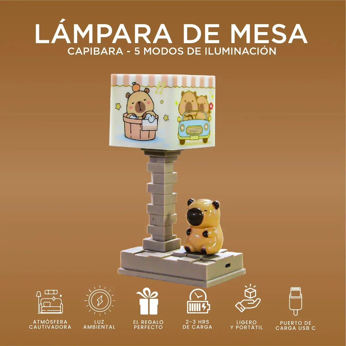 Lámpara Capibara Led Recargable Aesthetic 5 Modos De Luz &amp; Usb-c Café img #5