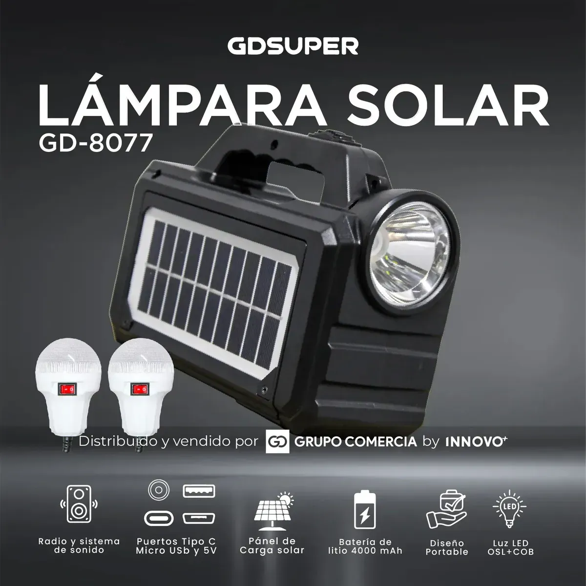 Lámpara Solar Recargable Para Camping Y Hogar Incluye 2 Bombillos Extra Y Carga De Celular Negro Negro img #5