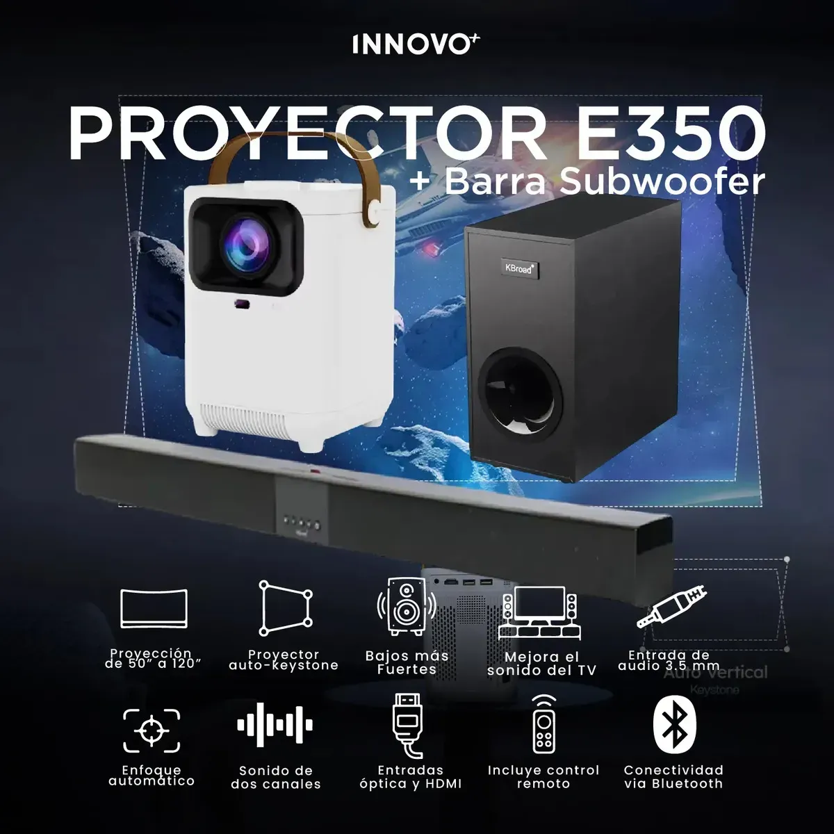 Proyector Android 4k E350 Sistema De Sonido 2.1 Subwoofer Wifi Bluetooth 5.0 img #4
