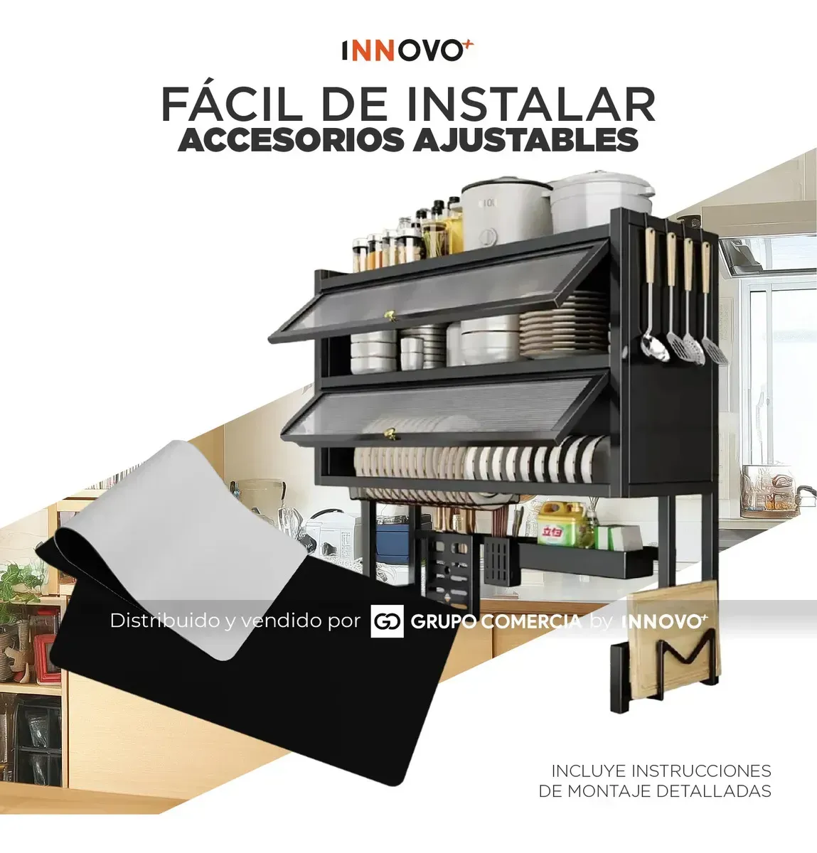 Gabinete Escurridor Platero Premium Organizador De Cocina Tapete Absorbente Negro Negro img #2
