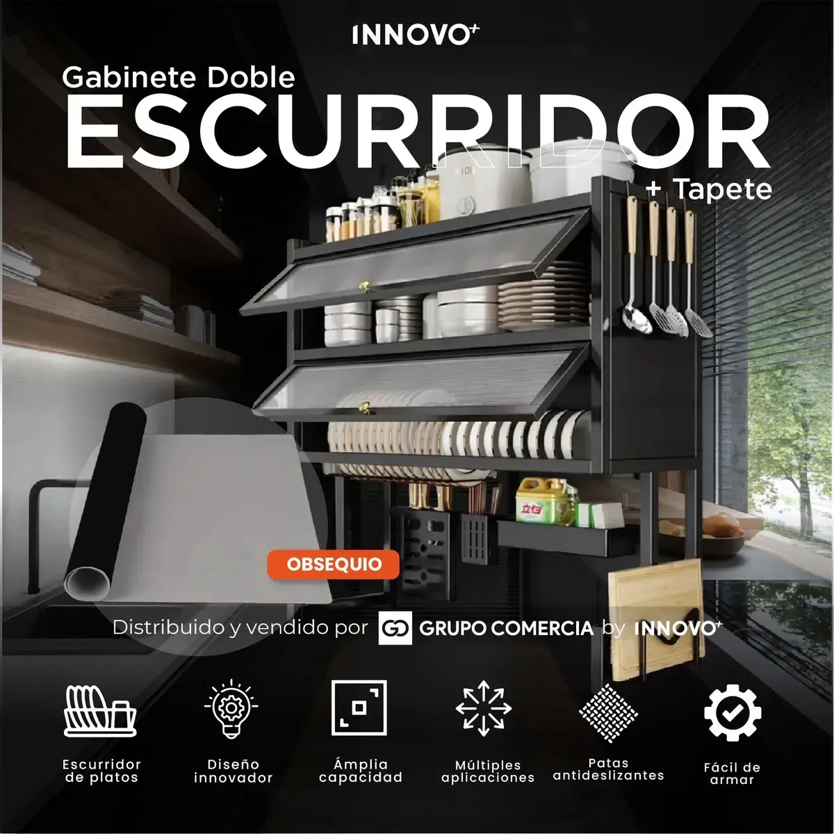 Gabinete Escurridor Platero Premium Organizador De Cocina Tapete Absorbente Negro Negro img #3