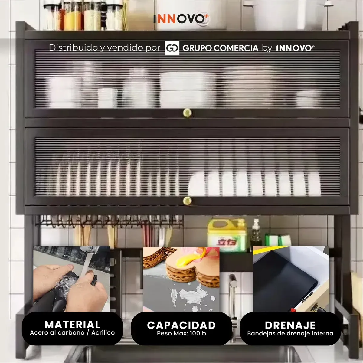 Gabinete Escurridor Platero Premium Organizador De Cocina Tapete Absorbente Negro Negro img #4
