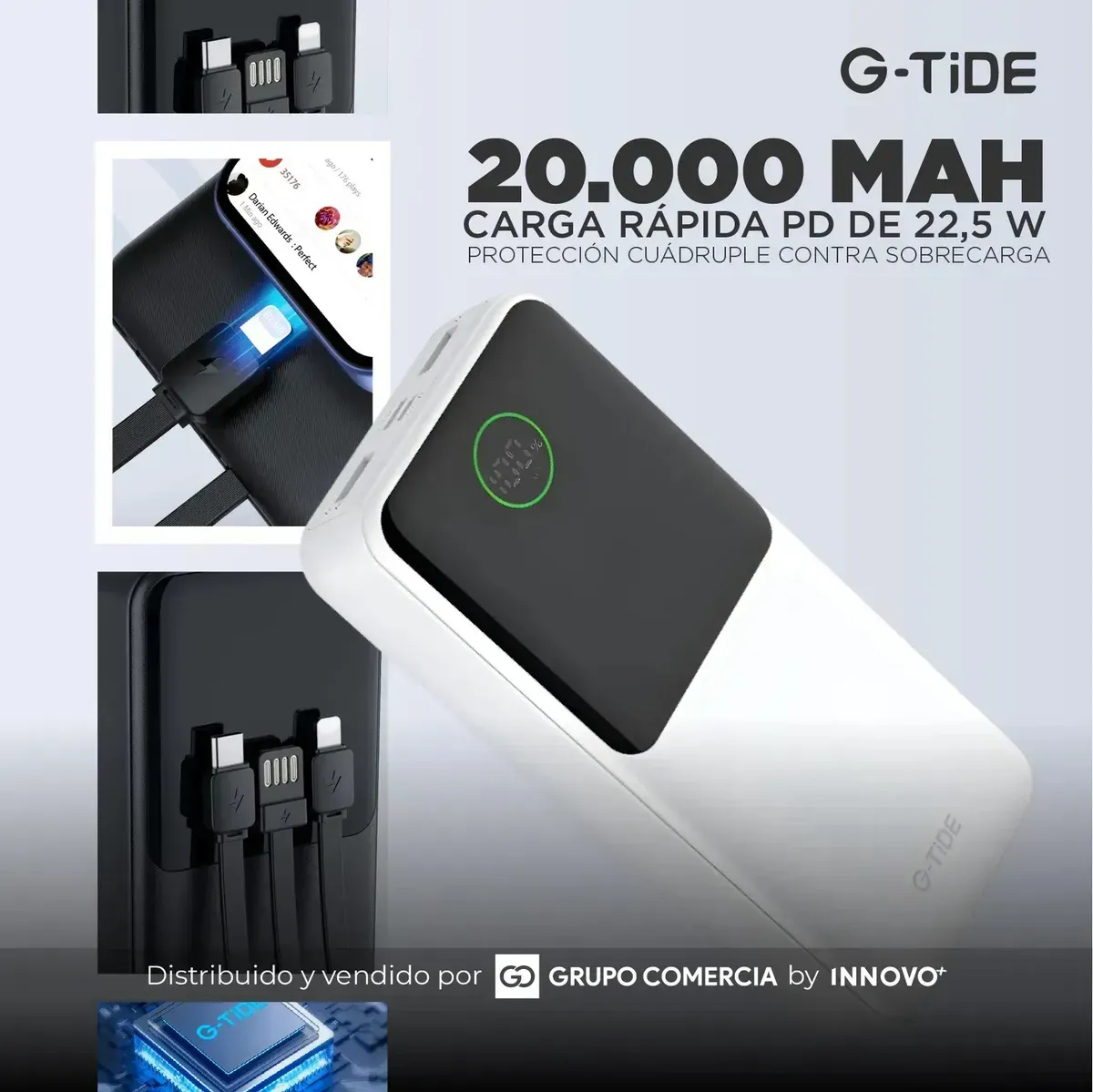 Power Bank G-tide 20000mah Rápida 22.5w 3 Cables Integrados Blanco img #2