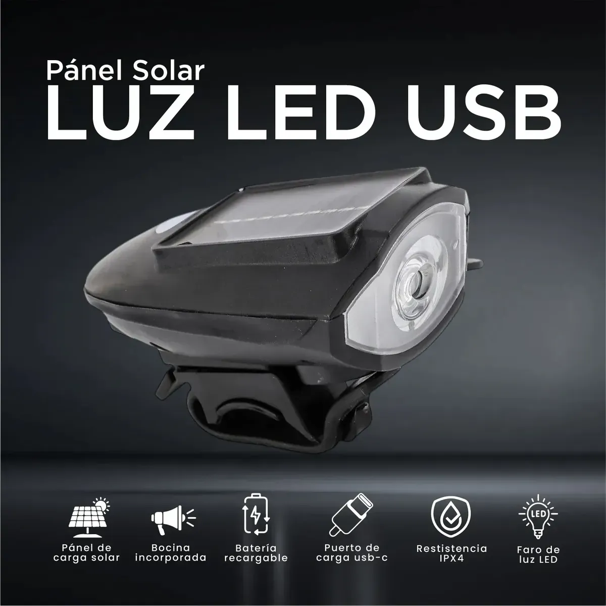 Luz Solar Para Bicicleta Con Bocina Integrada - Faro Led 3 Modos Ipx4 img #2