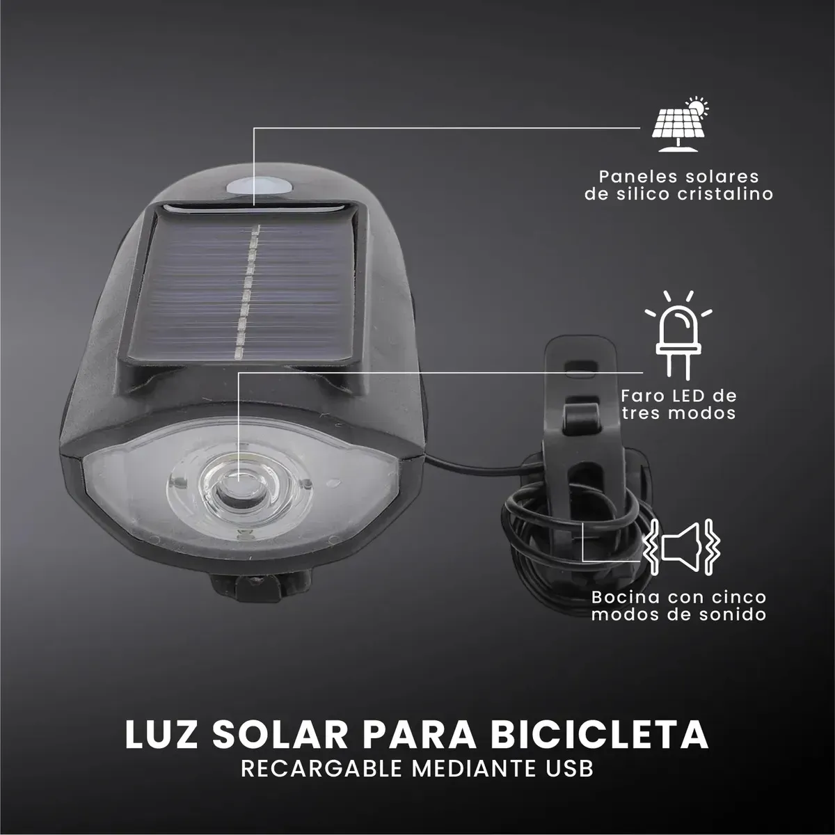 Luz Solar Para Bicicleta Con Bocina Integrada - Faro Led 3 Modos Ipx4 img #3