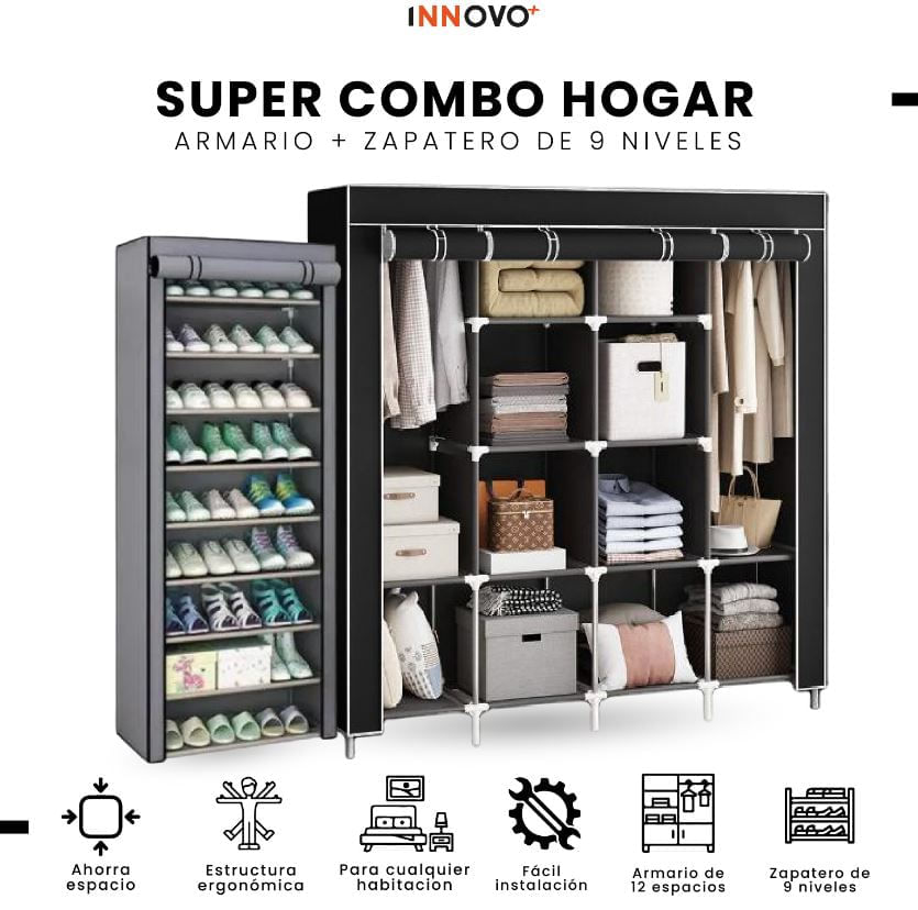 Combo Armario Organizador De Ropa Grande 4 Puertas y Zapatero 9 Niveles img #2