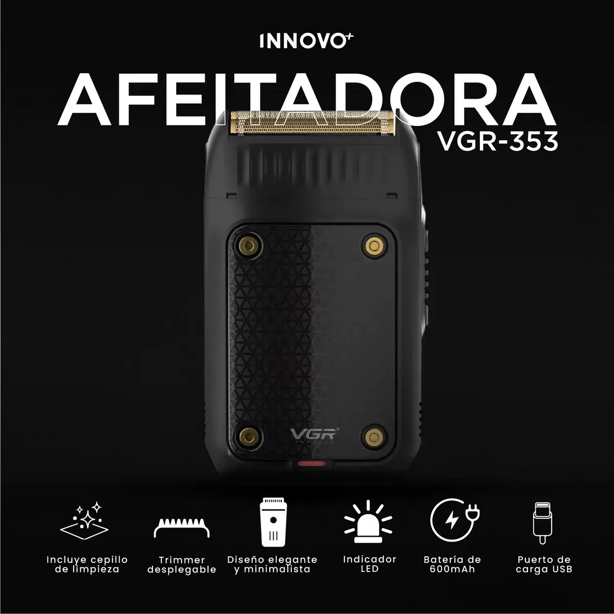 Afeitadora Eléctrica Profesional Vgr-353 Rasuradora Recargable Usb Negro Negro img #2