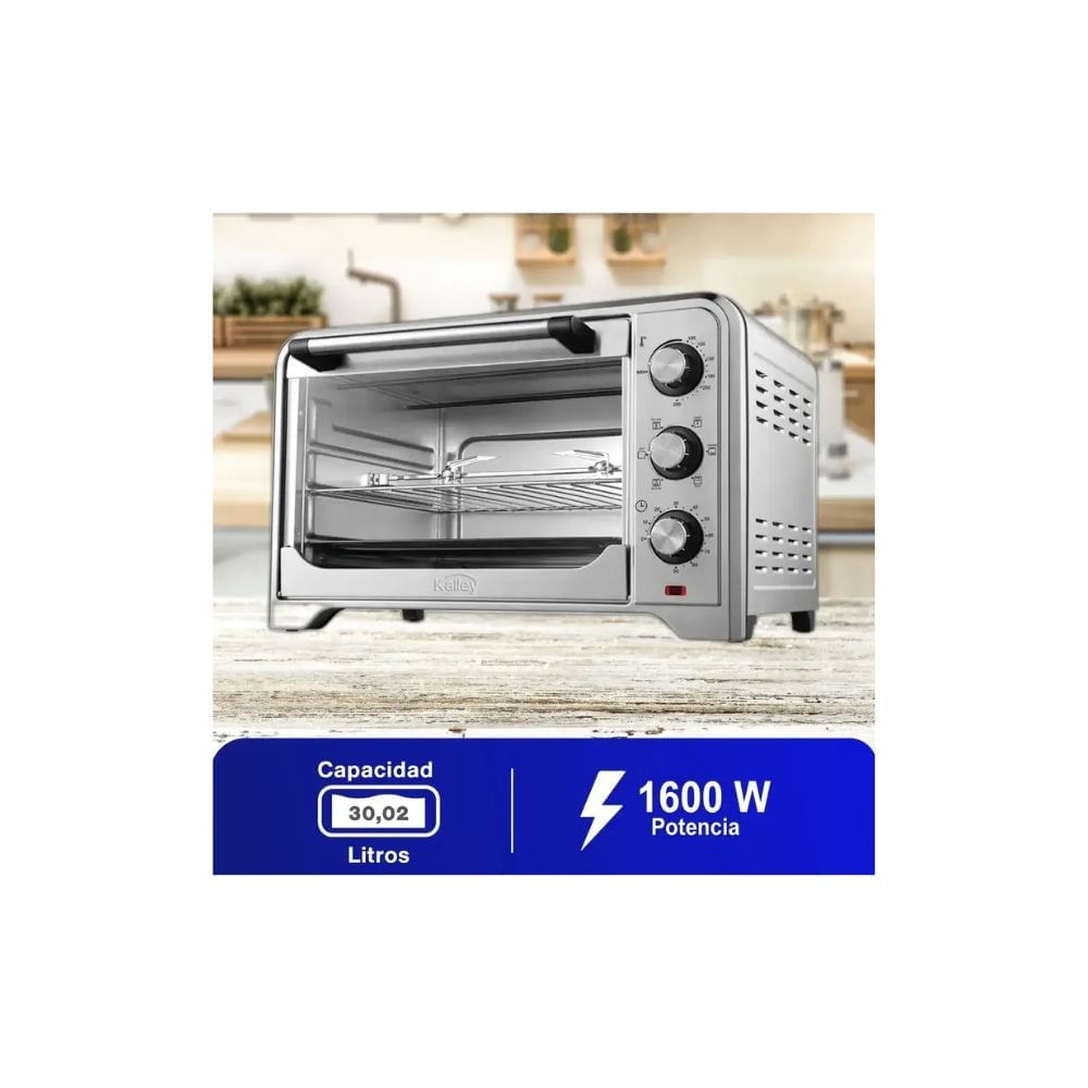 Horno Eléctrico Kalley 30 Litros Inoxidable 1600W Temporizador Asador Tostador img #4