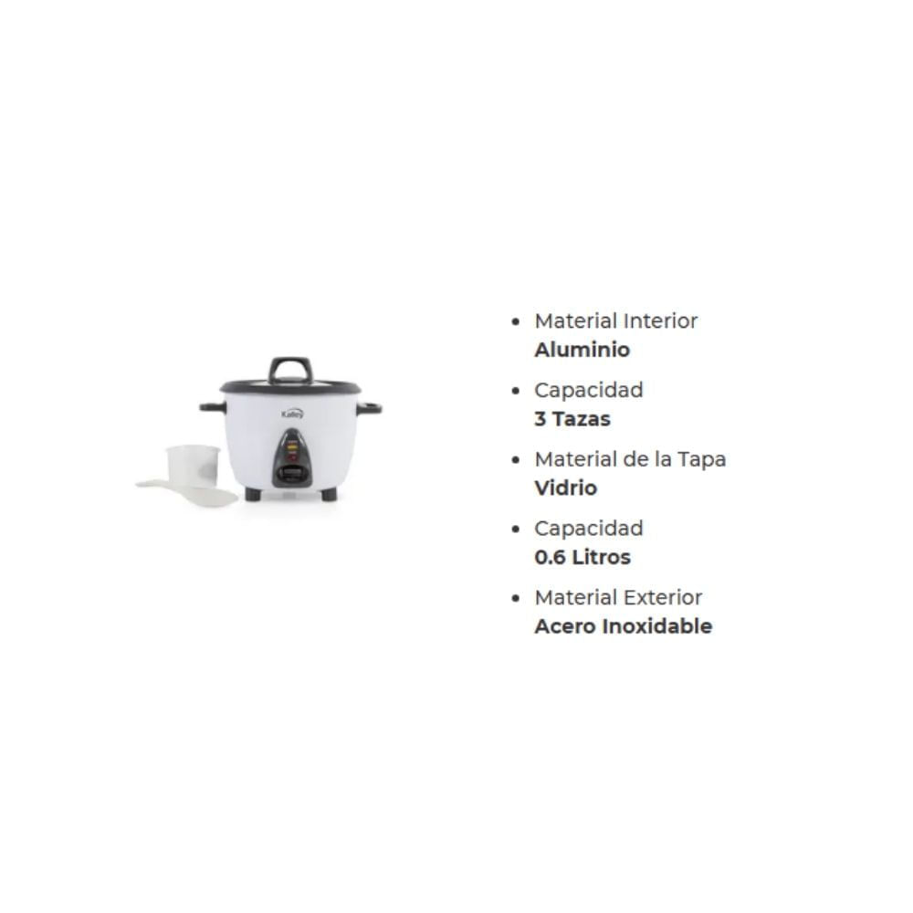 Arrocera Eléctrica Kalley 0.6L 3 Tazas con Tapa de Vidrio Antiadherente img #5