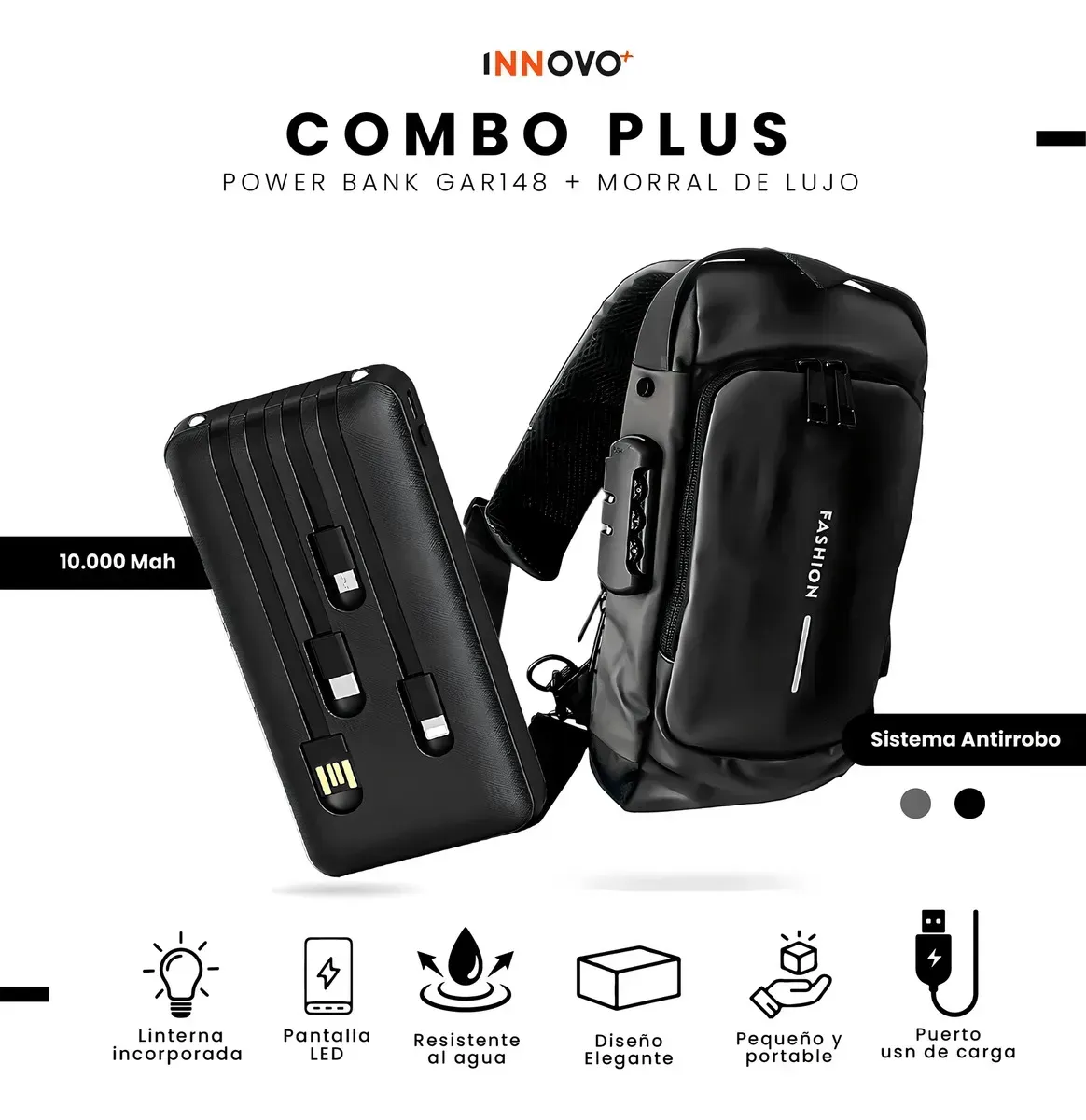 Bolso Manos Libres Antirrobo Con Clave Hombre Color Negro Con Power Bank 10.000 img #3