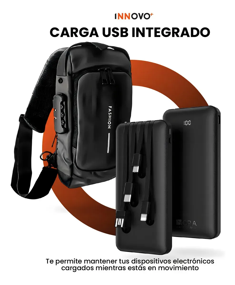 Bolso Manos Libres Antirrobo Con Clave Hombre Color Negro Con Power Bank 10.000 img #8