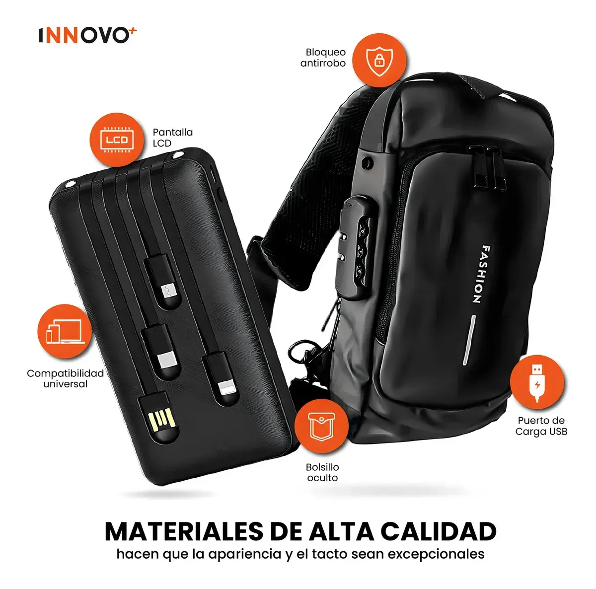 Bolso Manos Libres Antirrobo Con Clave Hombre Color Negro Con Power Bank 10.000 img #7