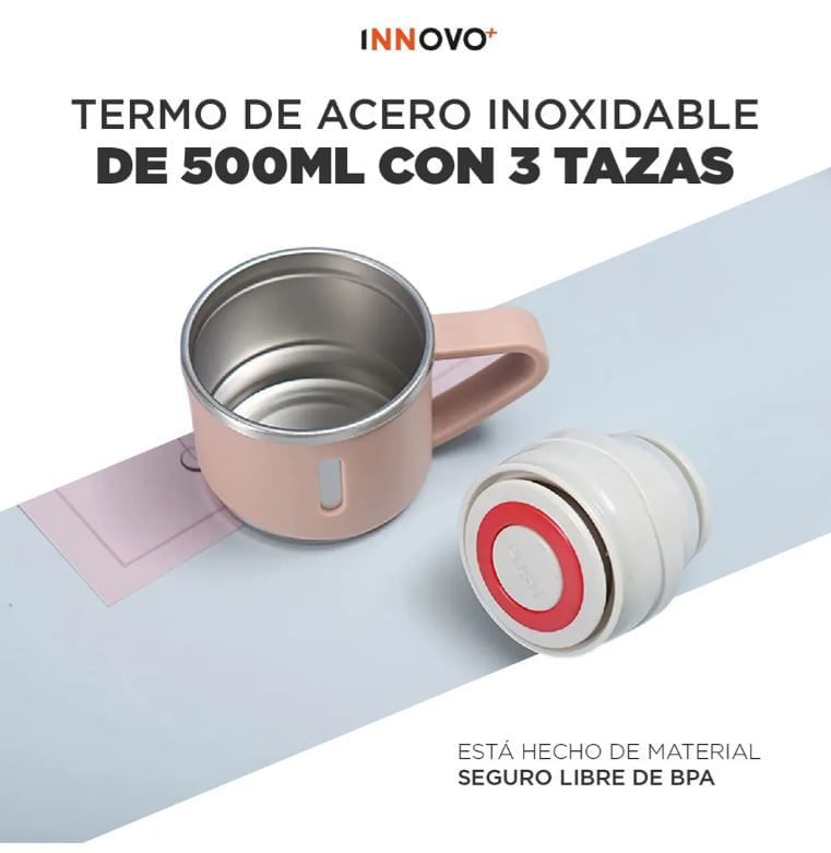 Termo 500ml Acero Inoxidable Con 3 Tazas Portátil Con Estuche Rosa img #4