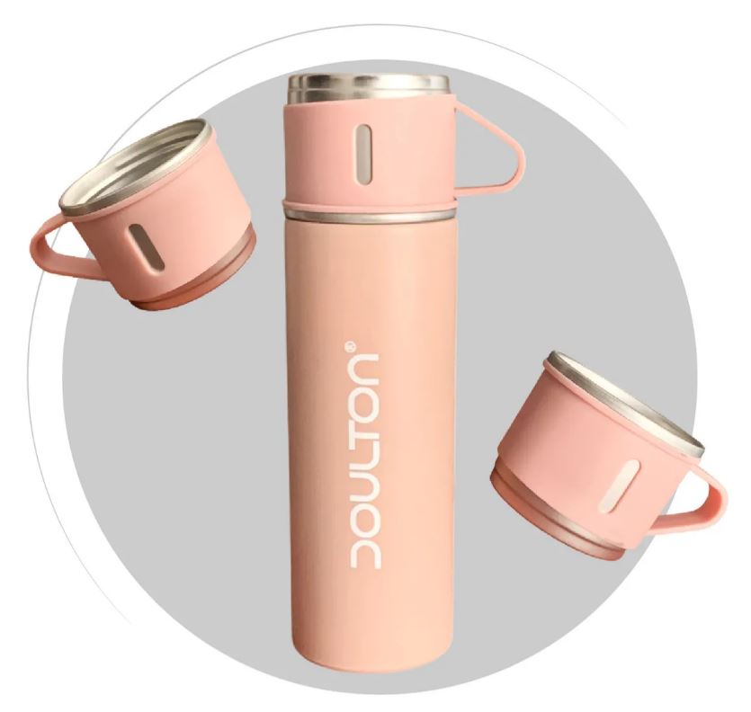 Termo 500ml Acero Inoxidable Con 3 Tazas Portátil Con Estuche Rosa img #3