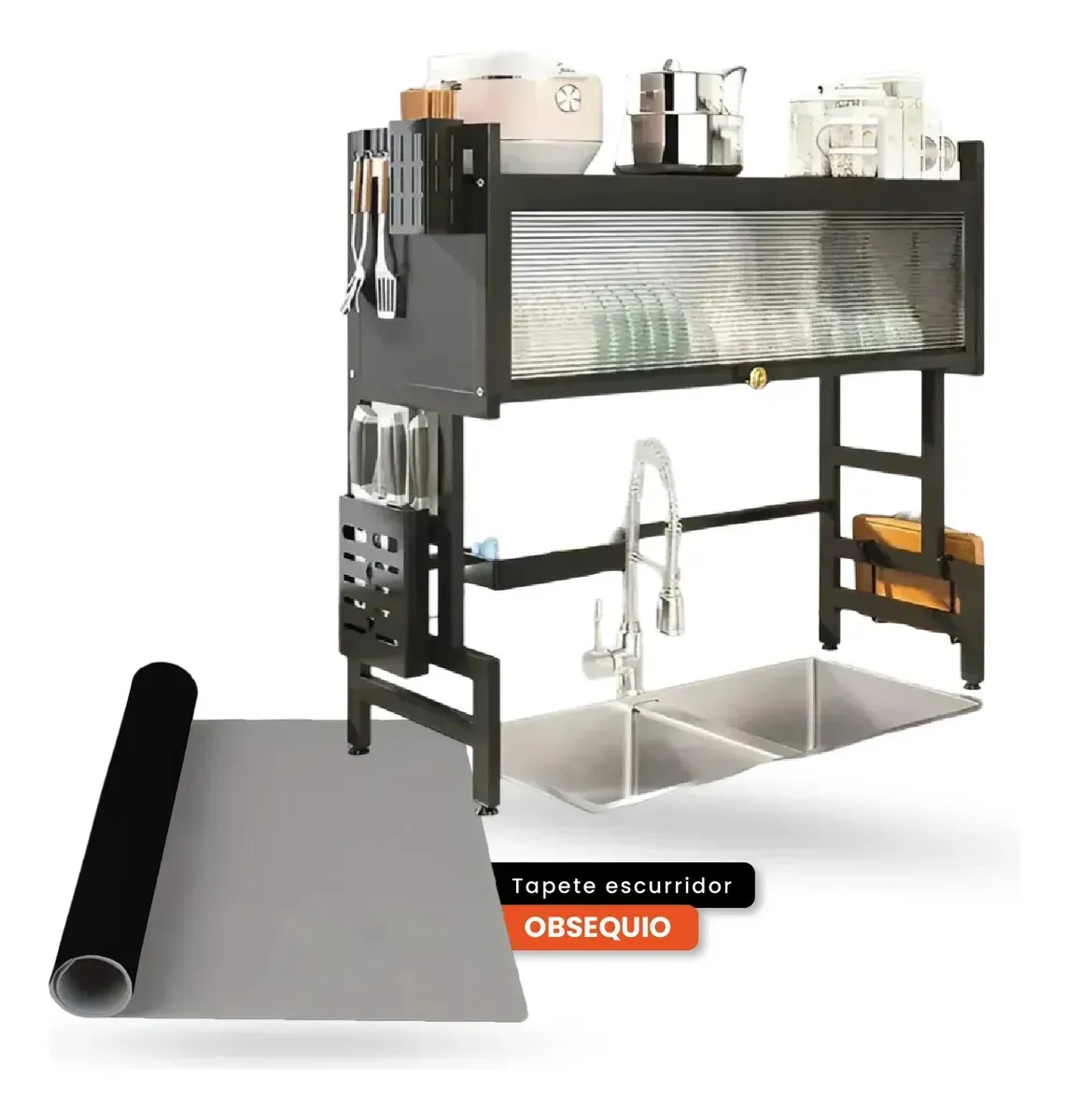 Escurridor De Platos Multinivel De Lujo Ahorrador Espacio Cocina Con Tapete Absorbente Negro Negro img #1