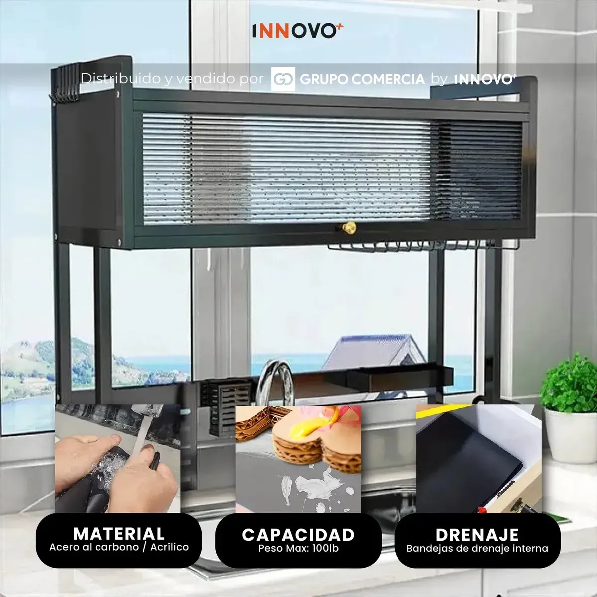 Escurridor De Platos Multinivel De Lujo Ahorrador Espacio Cocina Con Tapete Absorbente Negro Negro img #5