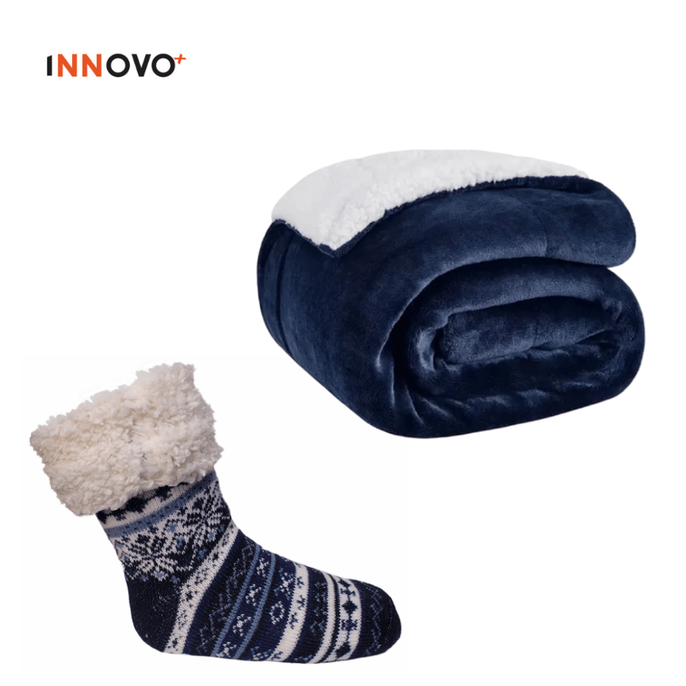 Combo Dúo Medias Térmicas Peluche + Cobija Térmica Ovejera 180 X 240 Azul Doble Faz img #1