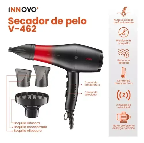 Secador Profesional Con 3 Boquillas 1500w Cable Extra Largo Alta Potencia Calor Y Frio Hair Dryer Innovo Vgr 462 img #3