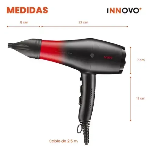 Secador Profesional Con 3 Boquillas 1500w Cable Extra Largo Alta Potencia Calor Y Frio Hair Dryer Innovo Vgr 462 img #2
