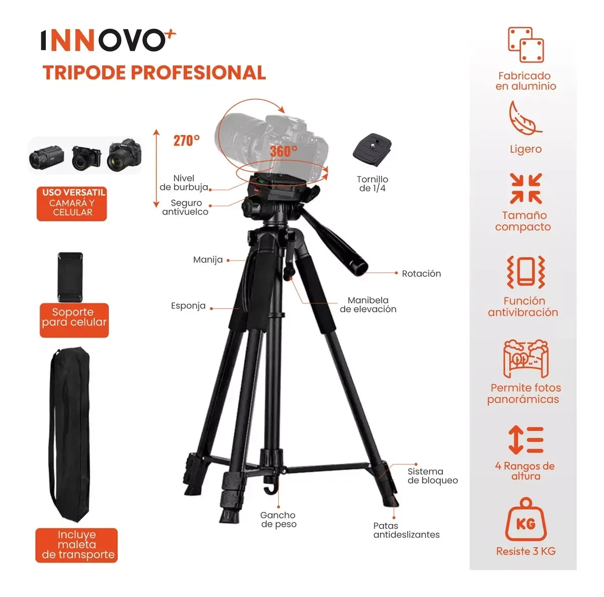 Trípode Profesional Grande 170cm Con Estuche Trepod F-580 img #2