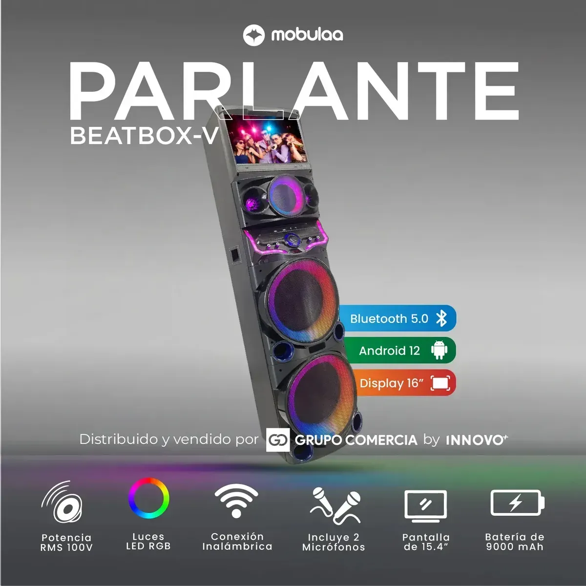 Parlante Mobulaa Beatbox-v Torre De Sonido 100w Pantalla Táctil 15 , Android Y Karaoke Pro img #2