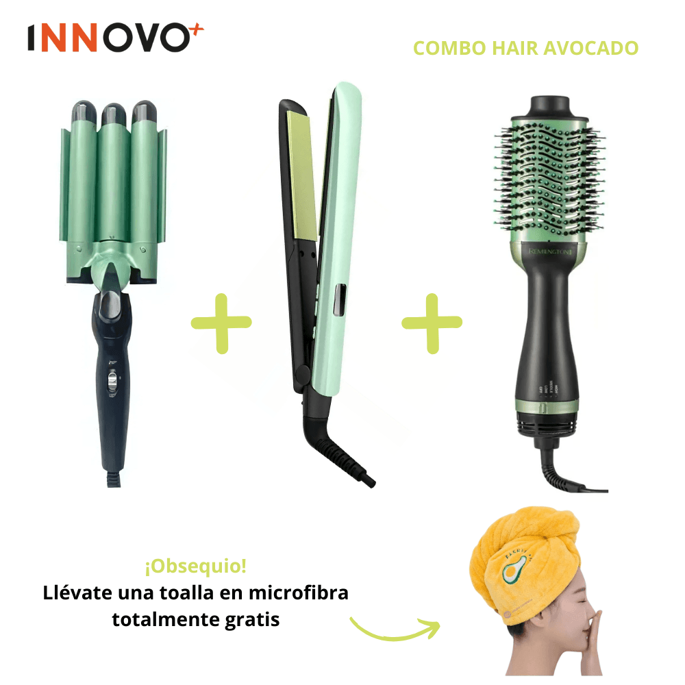 Tri Combo Aguacate Cepillo Secador + Plancha Cabello + Pinza Sirena + Obsequio Toalla Microfibra Cabello img #1