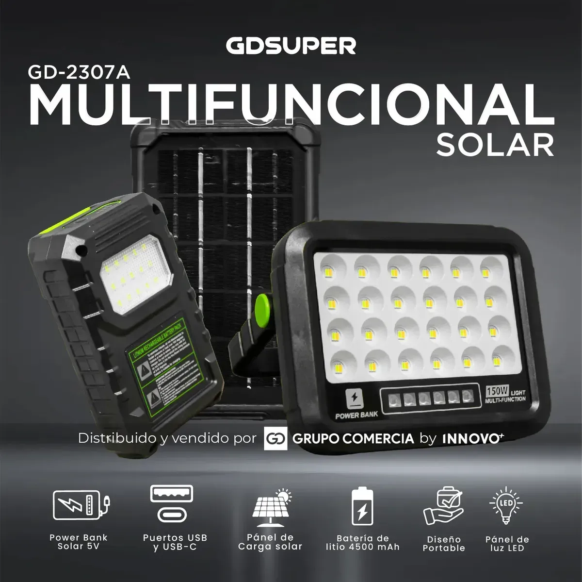 Reflector Led Solar 150w Profesional Power Bank 4500mah Lámpara Emergencia 4 Modos img #2