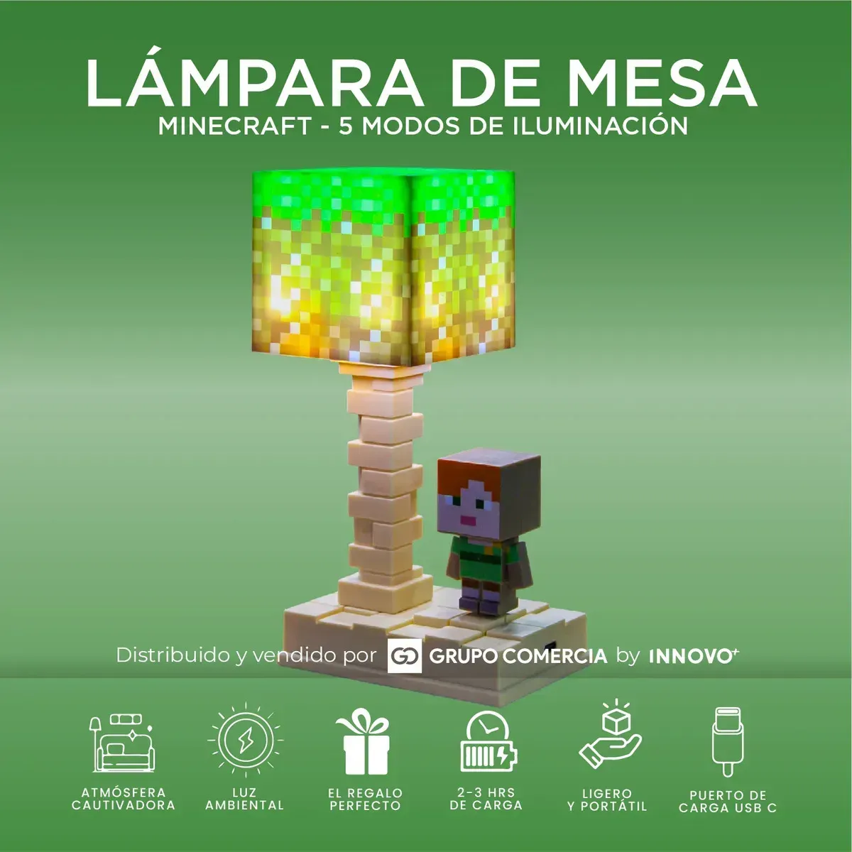 Lámpara Noche Recargable Minecraft Alex Luz Led Ambiental Gamer 5 Modos 110v img #2