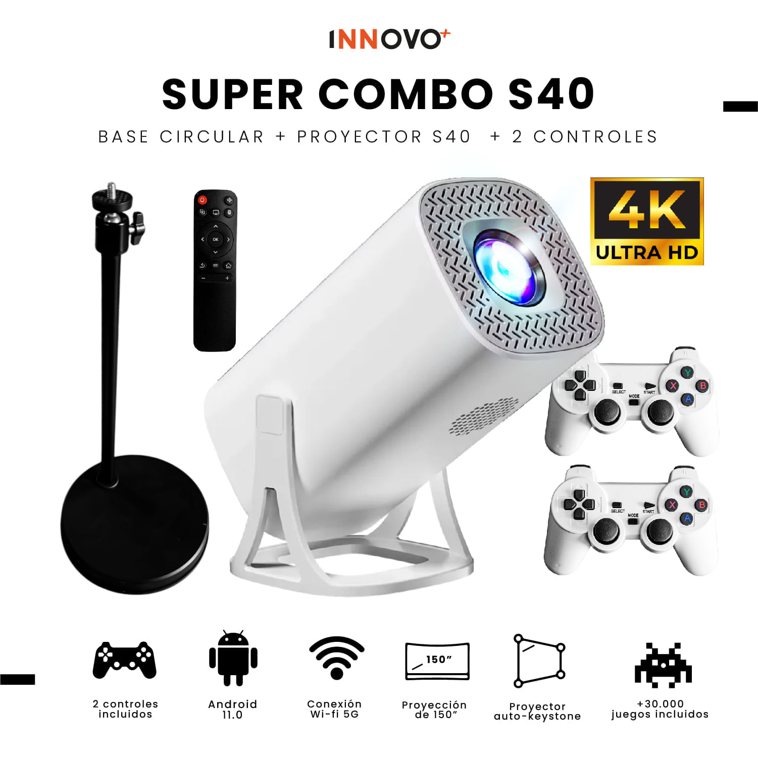 Proyector Smart S40 Max 4k Android 11 Wifi 5g + 2 Controles + Base Metálica +30.000 Juegos Y Apps img #7