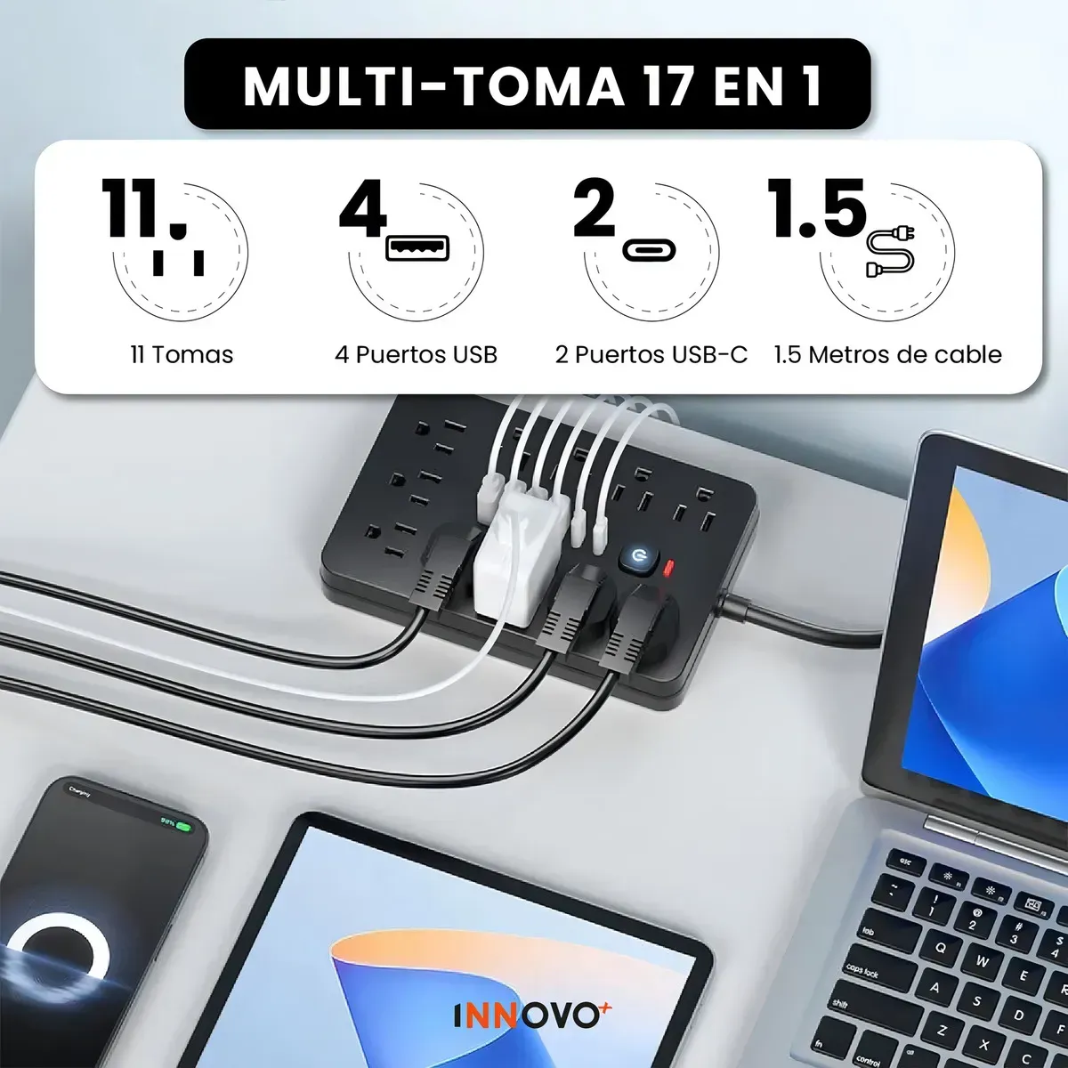 Multitoma 17 En 1 Regleta Eléctrica 11 Tomas 6 Usb Carga Rápida Usb-c img #7