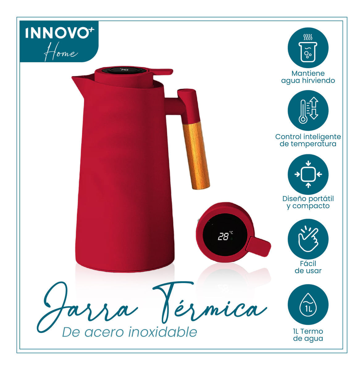 Tetera Conserva Calor Con Indicador Led Temperatura 1 Litro Rojo img #3