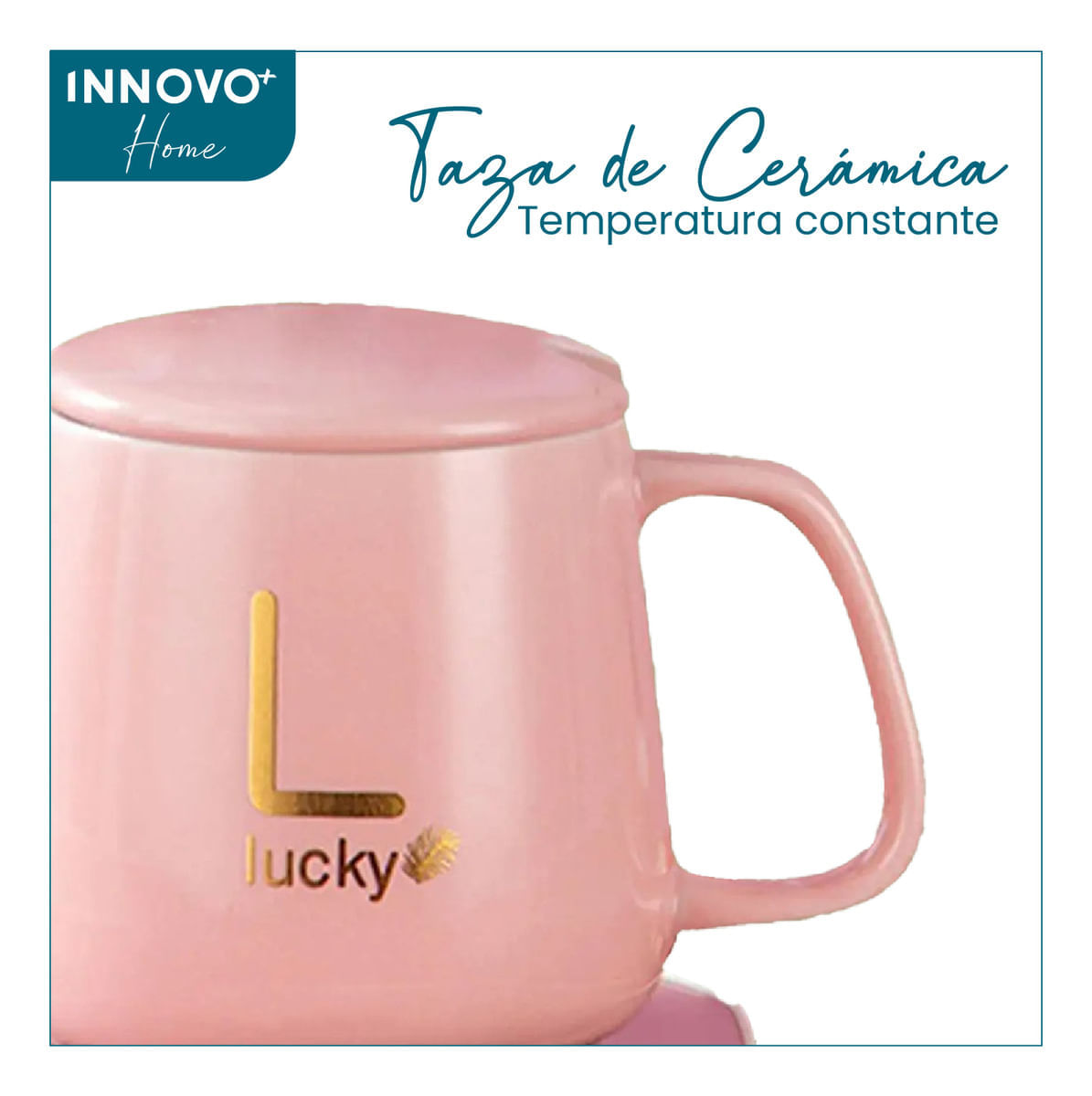 Taza Mug Pocillo Cerámico Base Electrica Calentadora Bebidas Cuchara Innovo Home Rosa img #2