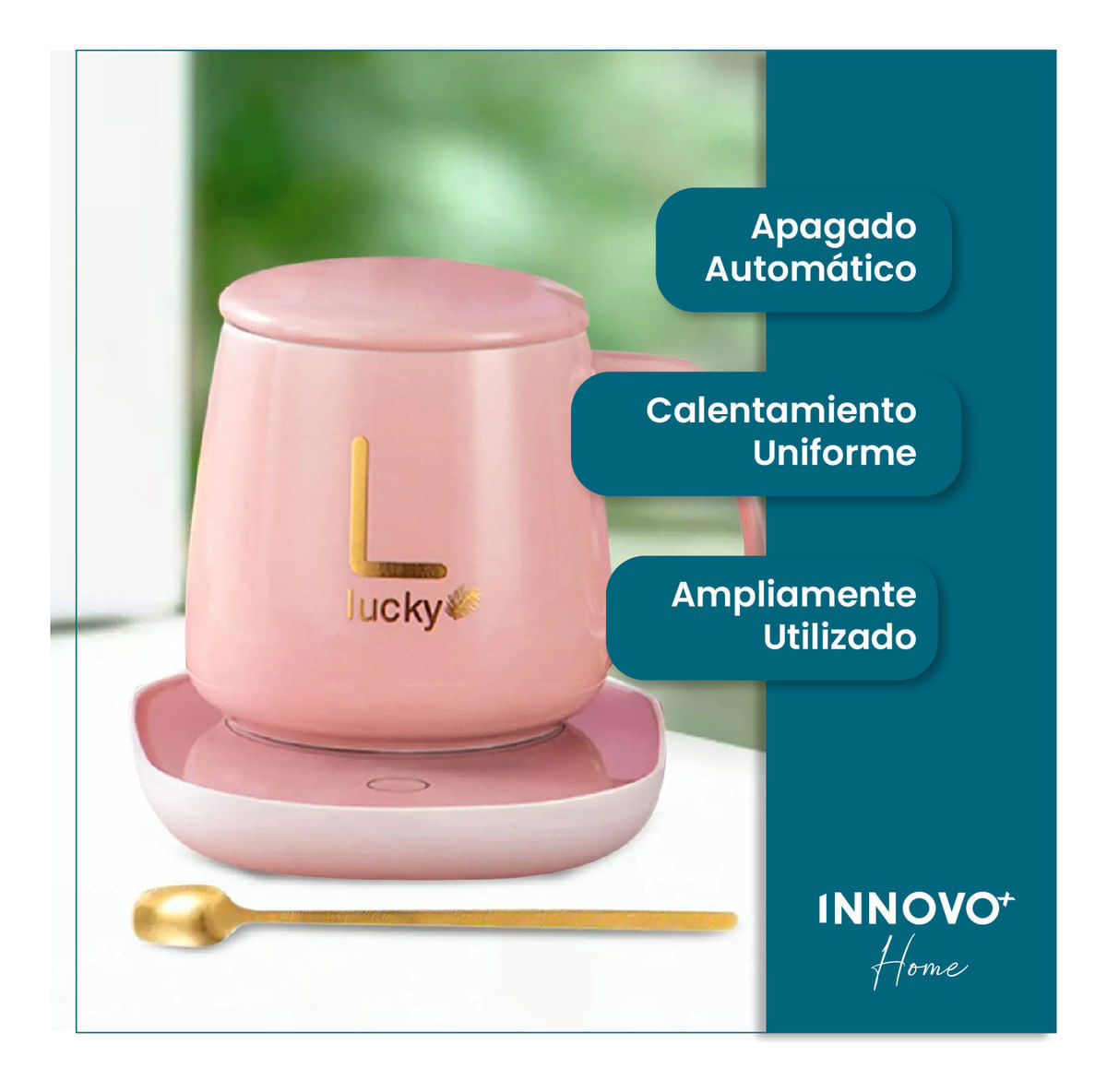 Taza Mug Pocillo Cerámico Base Electrica Calentadora Bebidas Cuchara Innovo Home Rosa img #6
