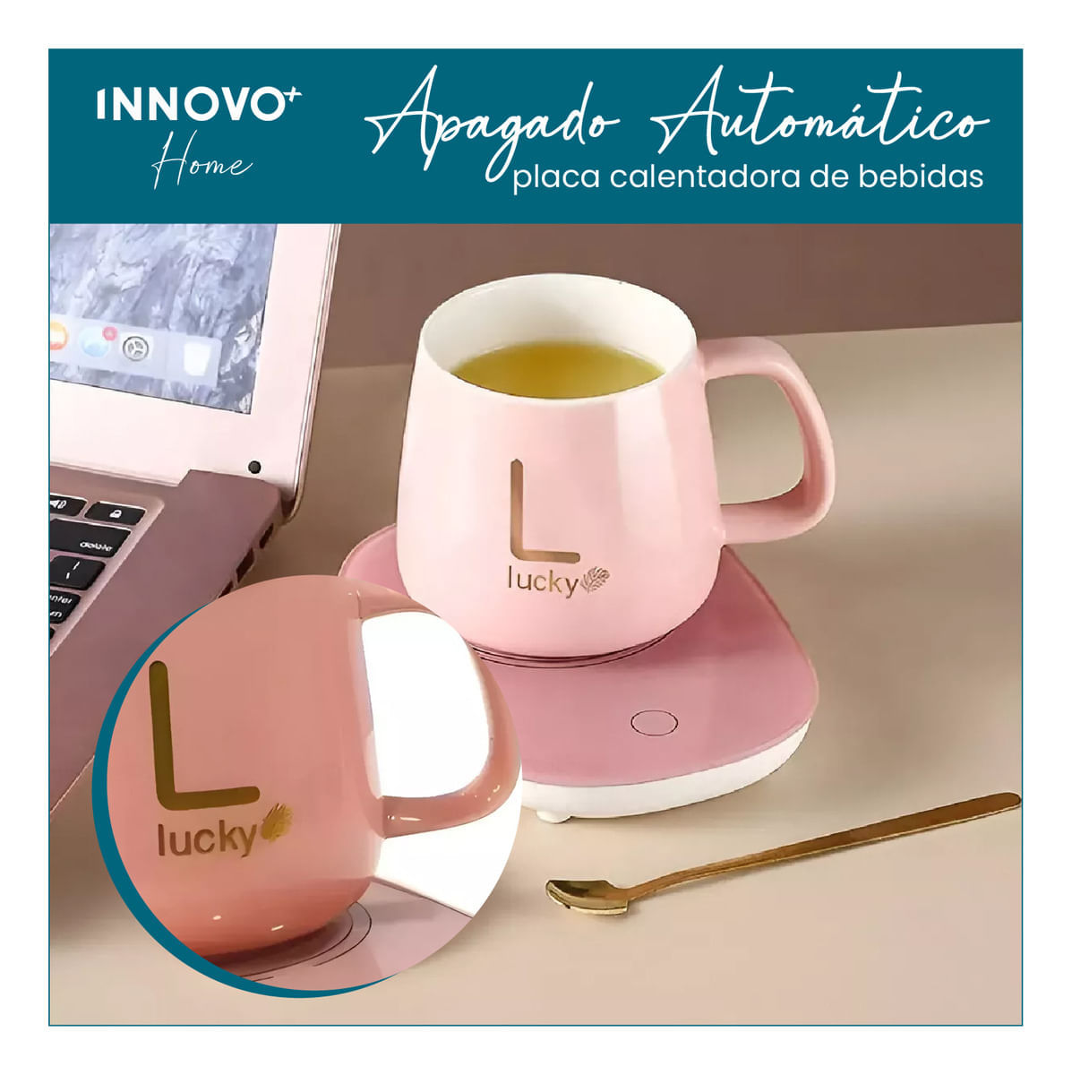Taza Mug Pocillo Cerámico Base Electrica Calentadora Bebidas Cuchara Innovo Home Rosa img #5
