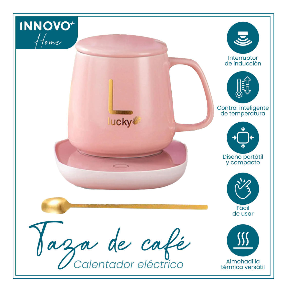 Taza Mug Pocillo Cerámico Base Electrica Calentadora Bebidas Cuchara Innovo Home Rosa img #7