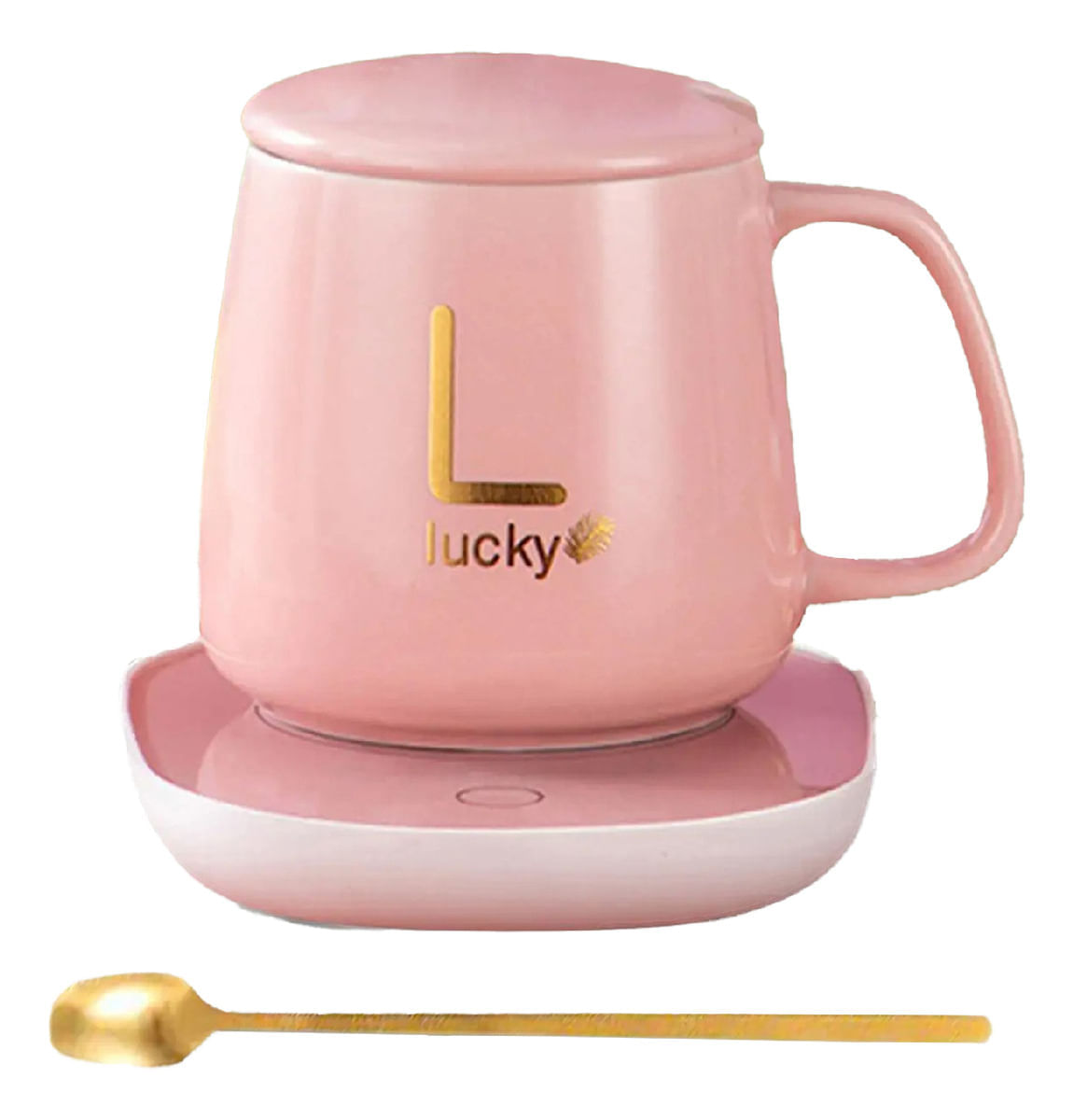 Taza Mug Pocillo Cerámico Base Electrica Calentadora Bebidas Cuchara Innovo Home Rosa img #1